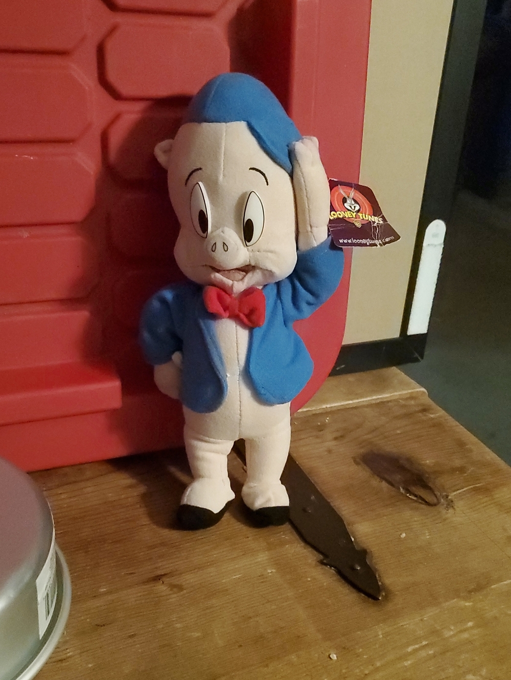 Vintage Warner Bros. Porky Pig Plush Toy - Blue Jacket, Red Bow
